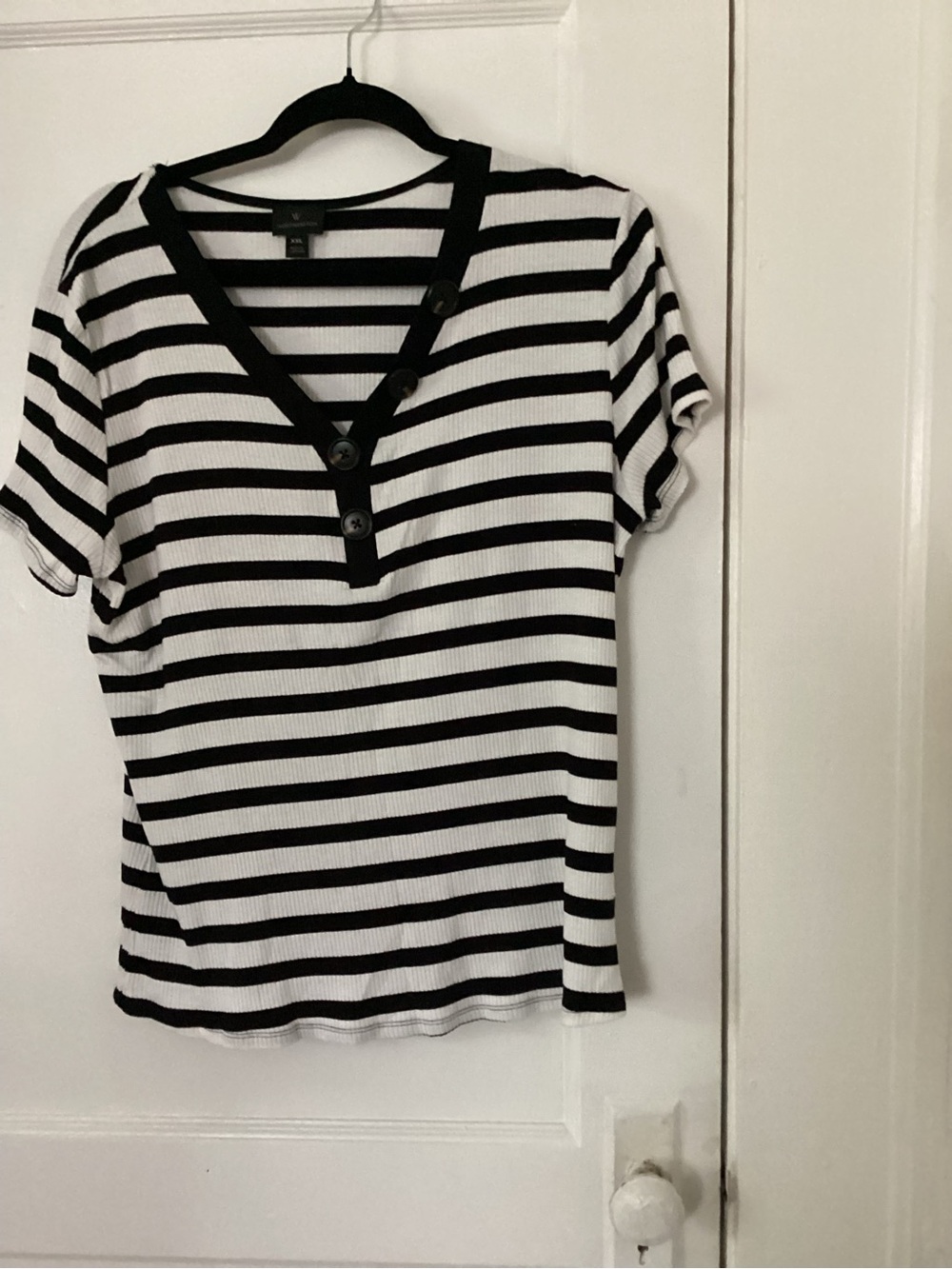 Worthington Black & White Striped Short Sleeve Henley